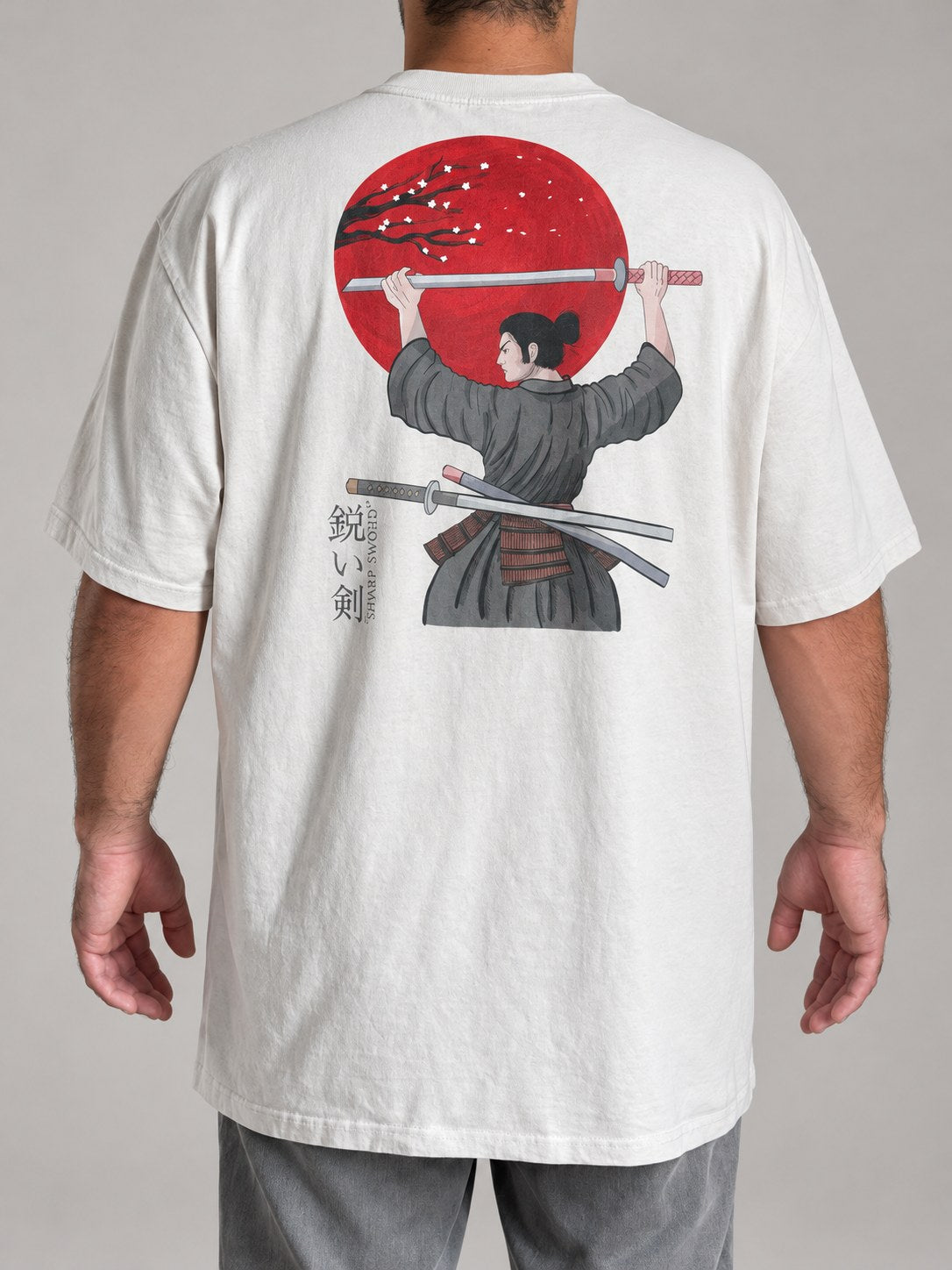 Back of the Hebrews 4:12 tee in Faded Bone with the samurai and red sun back print