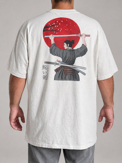 Back of the Hebrews 4:12 tee in Faded Bone with the samurai and red sun back print