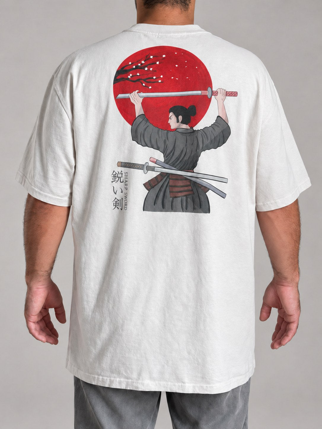 Back view on a male model of the Faded Bone tee with the Sharp Sword samurai print