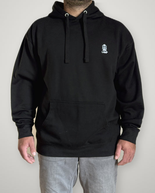 Black LAMP hoodie, front view, with the embroidered LAMP lantern logo on the chest